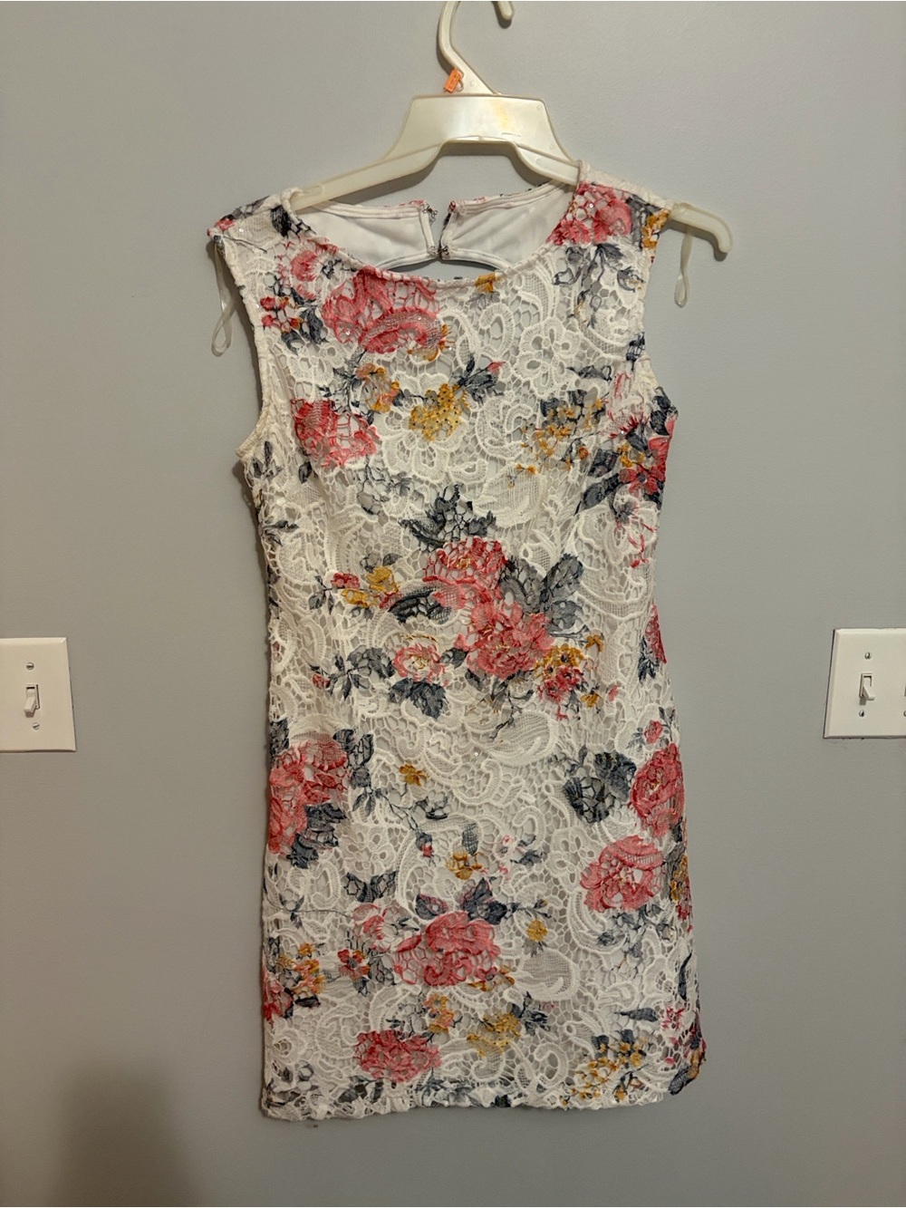 MARINA White Lace Floral Sheath Dress with Pink and Yellow Blooms